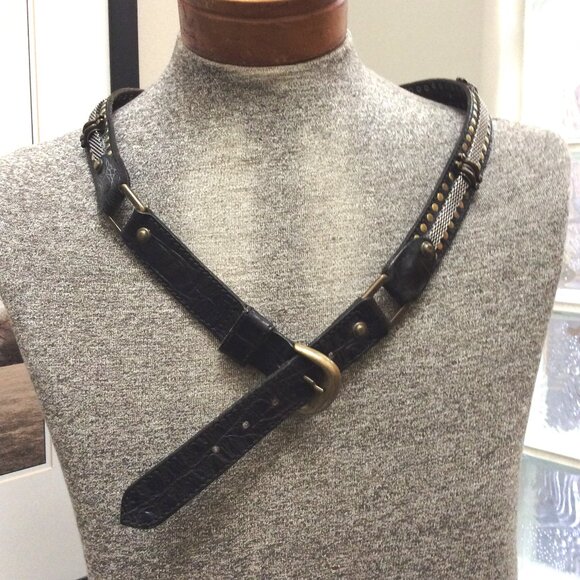 Vintage Designer NANNI Belt Italian Leather Silver Gold Black Metallic 44.75"L - Picture 4 of 6